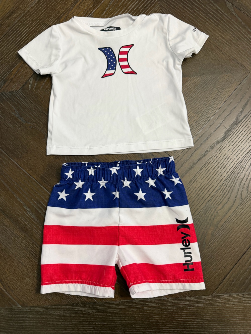 Kids Hurley Red, White & Blue Star Print Swim Shorts and Shirt 12 mo